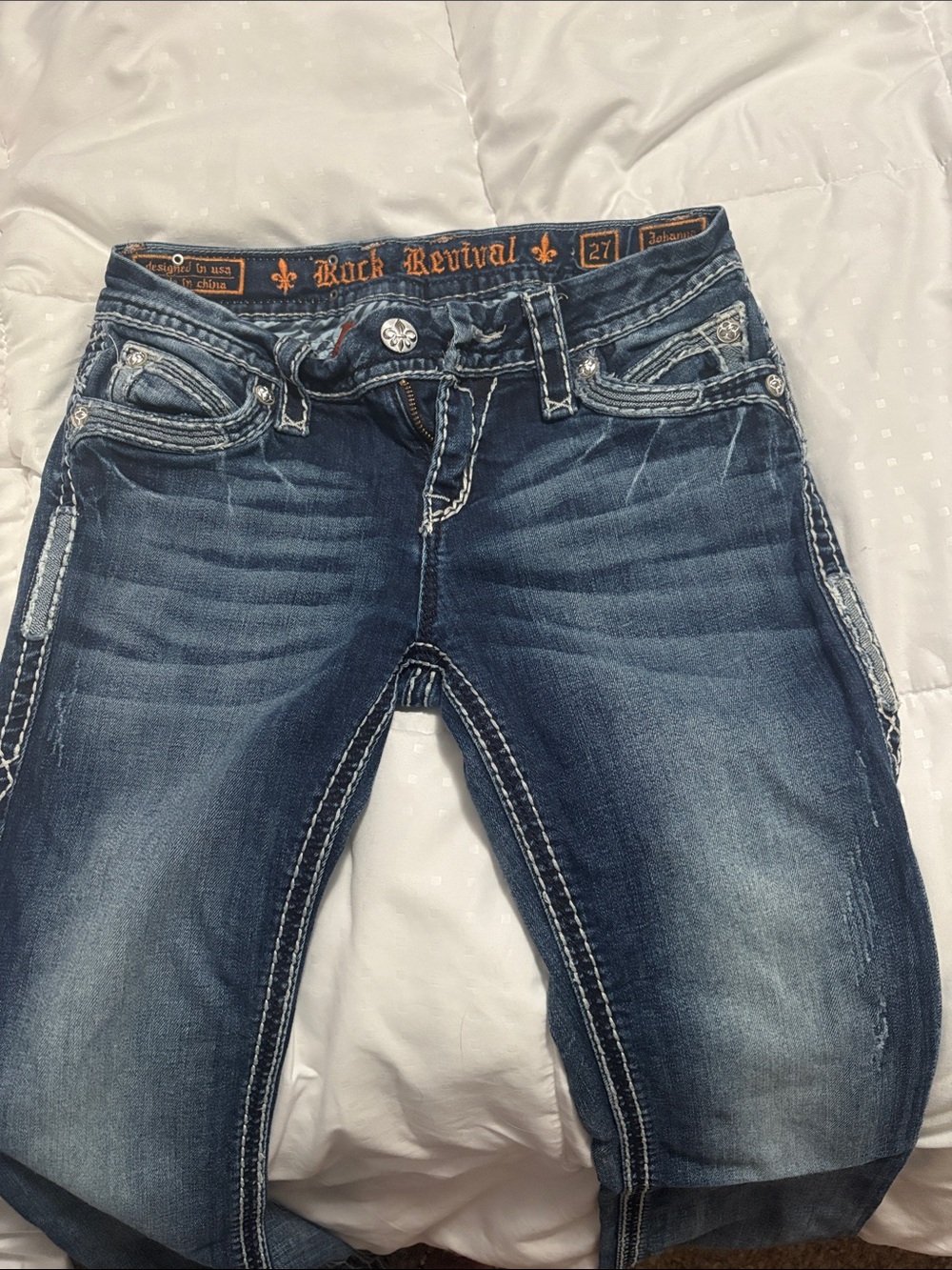 Rock Revival Women’s Dark Blue Boot Cut Jeans with Contrast Stitching